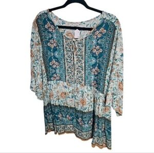 Boho Floral Peasant Top in Teal and Cream